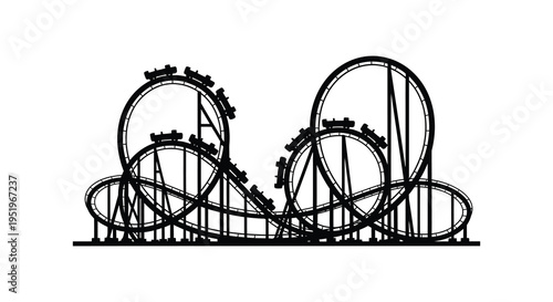 A black and white illustration of a thrilling rollercoaster with multiple loops and hills at an amusement park