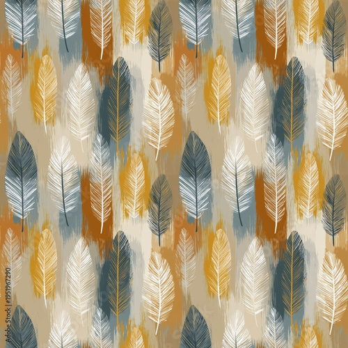 Seamless Pattern Boho Feathers and Dreamcatcher Design in Dusty Olive and Clay with Mustard Highlights