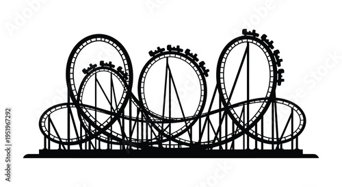 A complex black and white illustration of multiple interconnected roller coasters with loops and corkscrews on a plain background