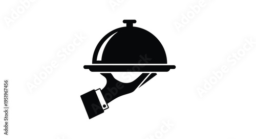 Black and white illustration of a covered serving dish on a waiter's hand