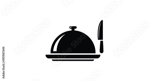 Black and white illustration of a covered serving dish with a knife