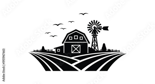 A serene rural landscape featuring a traditional barn windmill and fields under a clear sky with flying birds