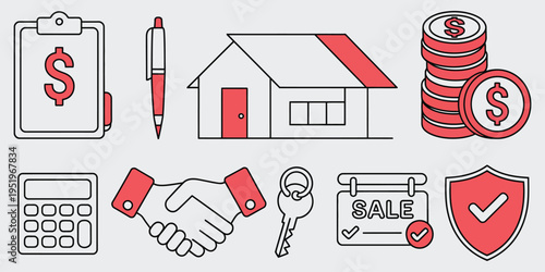 Illustration of Legal and Financial Documents Featuring House and Money Vector Design Representing Contracts, Mortgage Papers, Bills, and Financial Planning Icons for Business and Real Estate