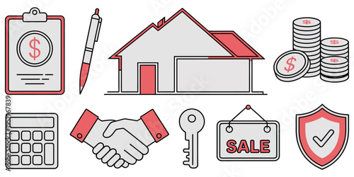 Illustration of Legal and Financial Documents Featuring House and Money Vector Design Representing Contracts, Mortgage Papers, Bills, and Financial Planning Icons for Business and Real Estate