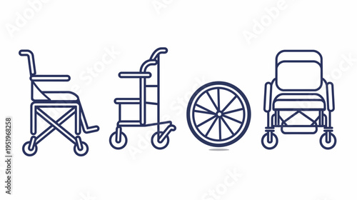 Linear illustration of four mobility aids wheelchair, walker, wheel, and a second wheelchair