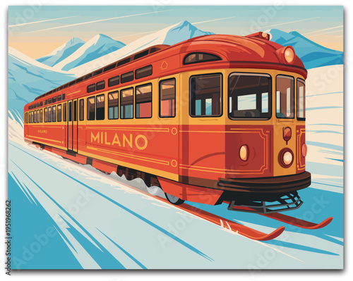 Retro winter tram poster illustration, Milan heritage red tram transformed into luge sled on ice rail for event design.