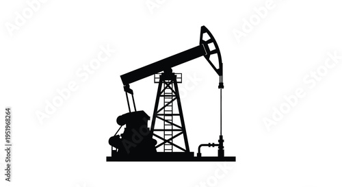 A black silhouette of an oil pumpjack against a white background used for extracting crude oil from the ground