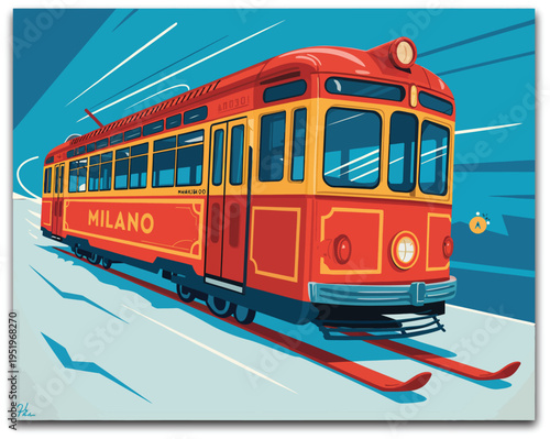 Retro Milan tram luge poster illustration, heritage red tram reimagined as ice sled on rail for winter sports event.