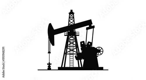 A black silhouette of an oil pumpjack against a white background industrial equipment for extracting oil
