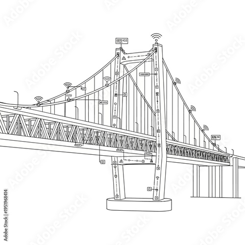 Black and white illustration of a suspension bridge with detailed elements.