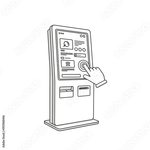 Modern interactive kiosk with a person's hand touching the screen for information.