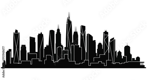 A black silhouette of a modern city skyline with sleek skyscrapers and high rise buildings