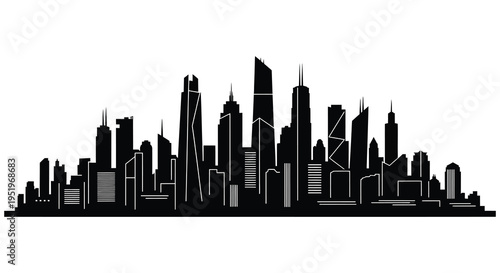 A black silhouette of a futuristic city skyline with sleek skyscrapers and modern architecture