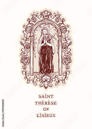 Beautiful hand drawn Saint Therese of Lisieux with little flower rose frame illustration. Isolated flat vector christian greetings print design. Devotional prayer card, catholic pilgrimage blessing