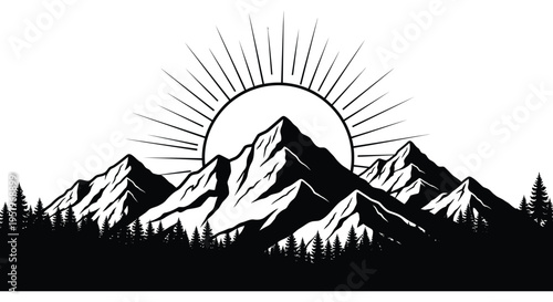 Majestic mountain range at sunrise with towering peaks and lush forest