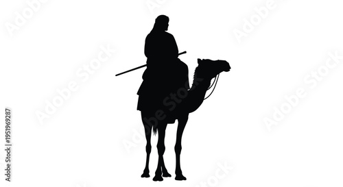 A lone rider on a camel against a white background silhouette