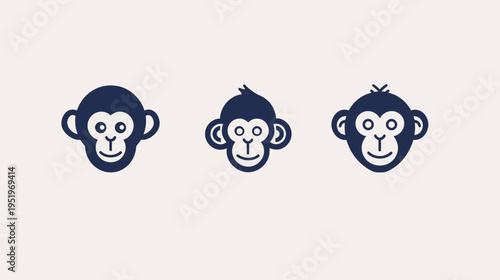 Three stylized monkey faces in a dark blue, set against a muted off-white background