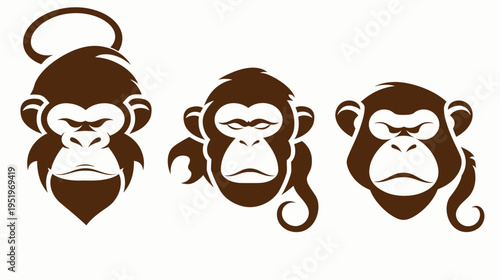Three stylized monkey faces in brown, one with a halo, against a white background