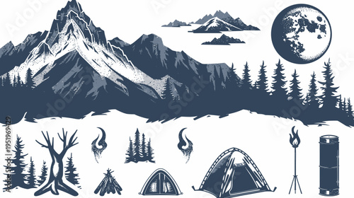 Black and white illustration of mountains, moon, trees, campfires, tents, and other camping elements