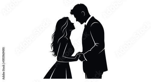 Romantic silhouette of loving couple holding hands and facing each other