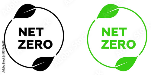 Net Zero Emissions Badge with Leaf Circle, Eco Friendly Carbon Neutral Sustainability Icon Set