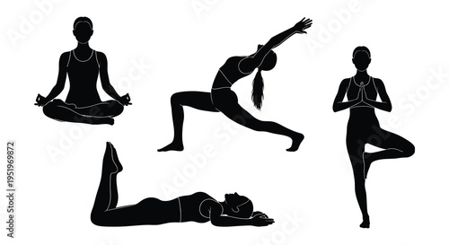 Four black silhouettes of yoga poses on white background
