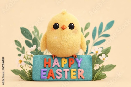 Yellow Chick Holding Happy Easter Sign in Floral Arrangement