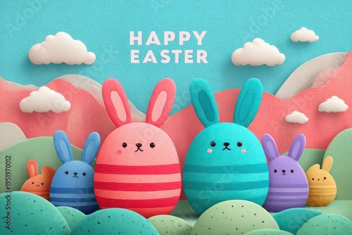 Colorful Easter Bunnies and Eggs in 3D Cartoon Landscape