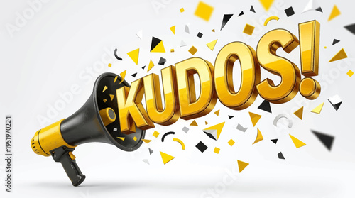 A megaphone with colorful confetti announcing kudos.