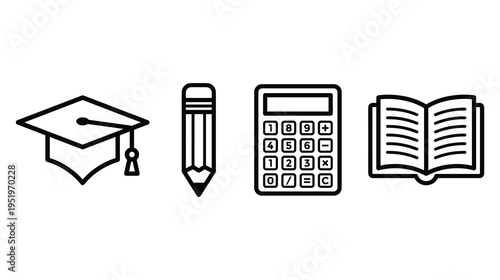 Education icons set graduation cap pencil calculator and open book