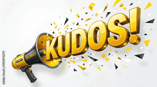 Golden megaphone with kudos text.