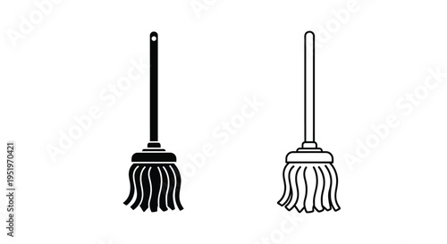 Two broom icons in black and white minimalist design silhouette