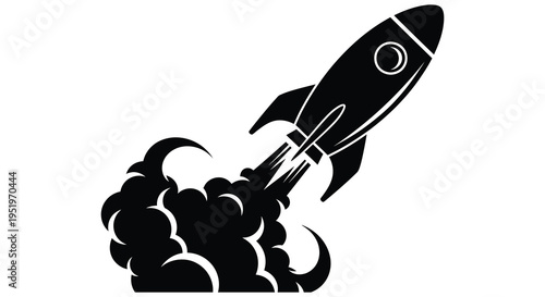 A black and white illustration of a rocket ship blasting off into space with smoke and flames