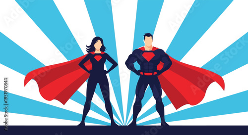 Superhero duo standing confidently with red capes and bold costumes