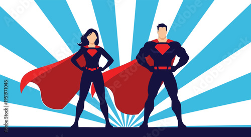 Superhero duo standing confidently with red capes and black suits