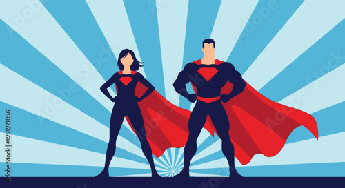 Superhero duo standing confidently in front of a vibrant blue sunburst background with red capes flowing