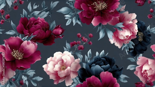 Seamless pattern of large red, pink and dark peony flowers with blue-gray leaves on a dark background.