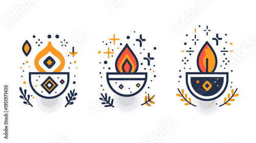 Three stylized illustrations of oil lamps with flames, surrounding ornamentation, and on a white backdrop