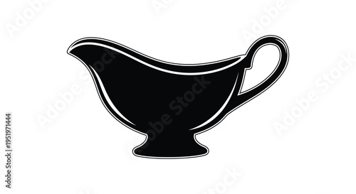 A black and white image of a gravy boat with a handle