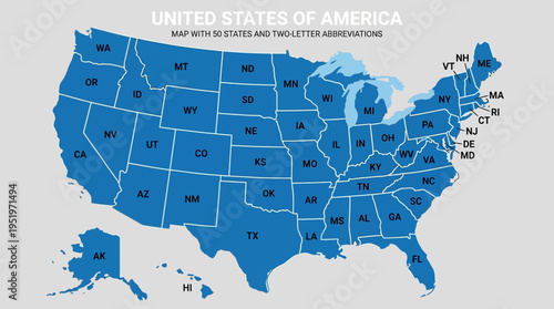 Map of United States of America with 50 states and their two-letter abbreviations.