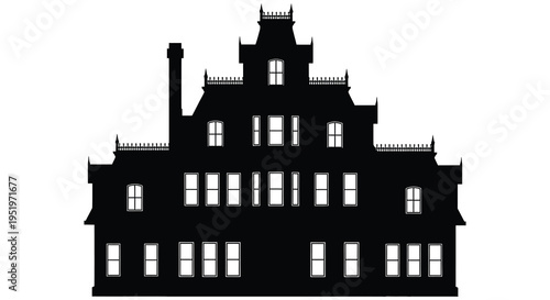 A black silhouette of a multi story building with a chimney and multiple windows