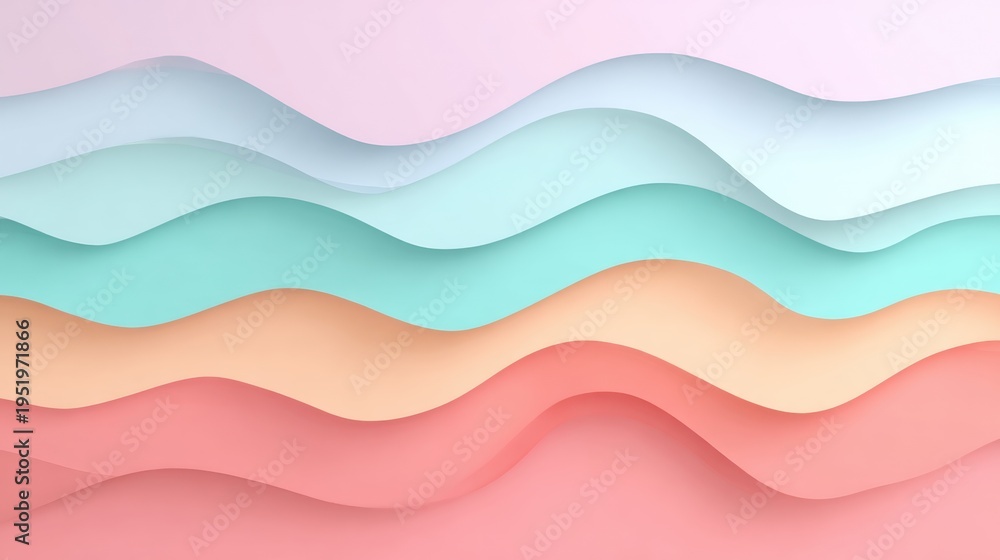 Fototapeta premium Soft pastel wavy layers forming an abstract flowing background in pink, peach, mint, and blue tones.