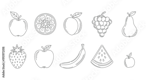 A black and white illustration of various fruits including pears oranges grapes and more