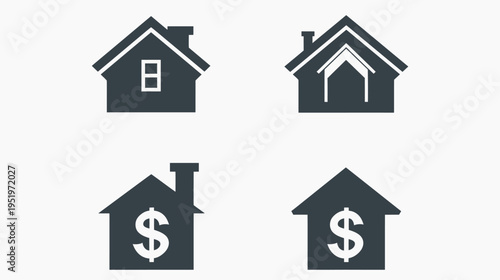 Four simple house illustrations. Two houses have dollar signs, others have windows and a chimney