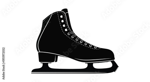 Black and white image of a figure skate with a lace up boot and blade