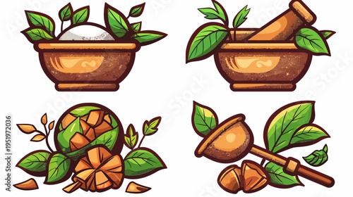 Four illustrations depicting traditional remedies. Mortar and pestle are featured alongside herbs and plants