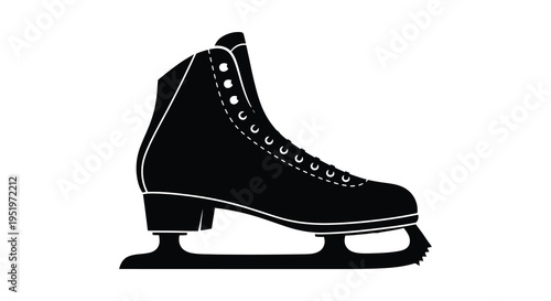 Black ice skating boot with white accents and blades on white background