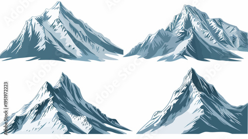 Four stylized illustrations of snow-capped mountains in varying shapes and sizes on a white background