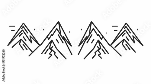 A symmetrical black and white illustration of four mountains. Simple lines create the mountainous shapes