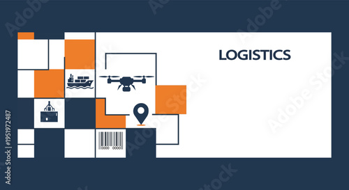 logistics icons including drone, ship, barcode, and location pin on abstract background